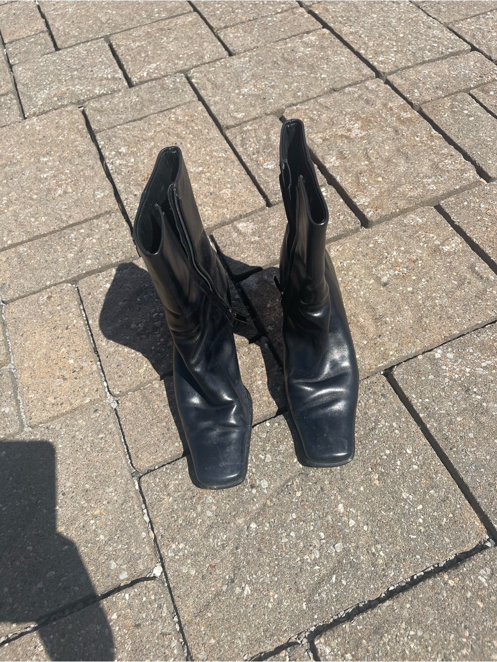 Black Y2K Square-Toe Leather Mid-Calf Boots